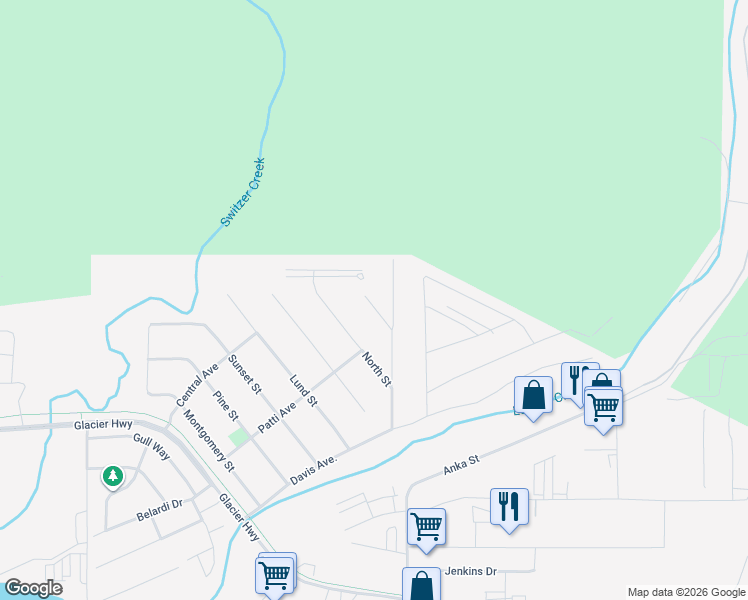 map of restaurants, bars, coffee shops, grocery stores, and more near 5925 Woods Street in Juneau