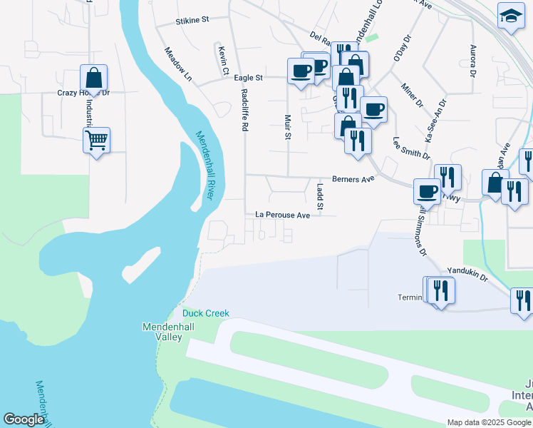 map of restaurants, bars, coffee shops, grocery stores, and more near 9431-9443 La Perouse Avenue in Juneau