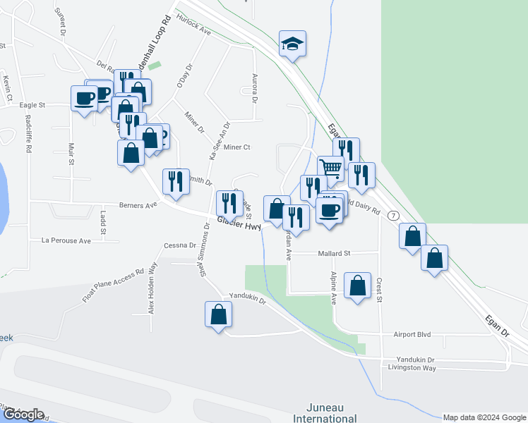 map of restaurants, bars, coffee shops, grocery stores, and more near 2150 Cascade St in Juneau