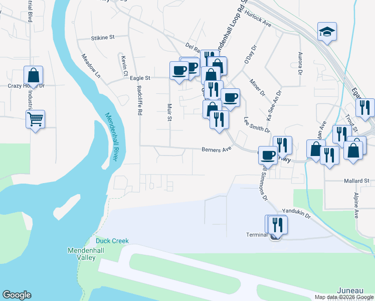 map of restaurants, bars, coffee shops, grocery stores, and more near 9414 Berners Avenue in Juneau