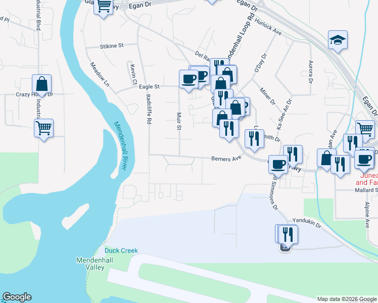 map of restaurants, bars, coffee shops, grocery stores, and more near 9414 Berners Avenue in Juneau