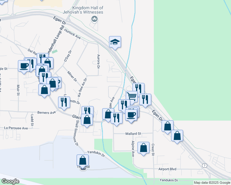map of restaurants, bars, coffee shops, grocery stores, and more near 2227 Jordan Avenue in Juneau