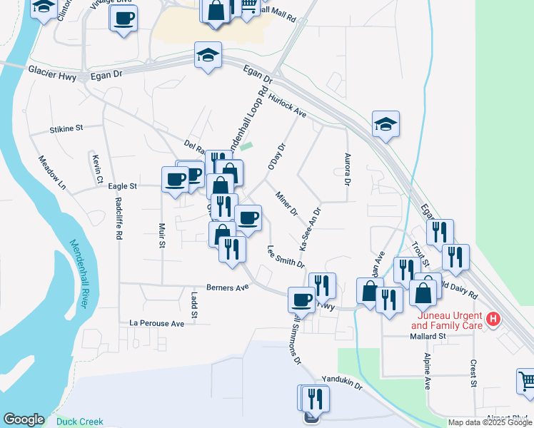 map of restaurants, bars, coffee shops, grocery stores, and more near 9354 Lee Smith Drive in Juneau