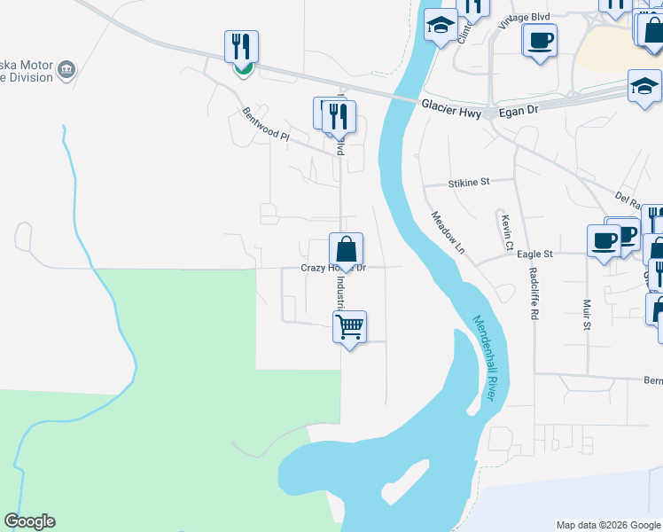 map of restaurants, bars, coffee shops, grocery stores, and more near 10020 Crazy Horse Drive in Juneau