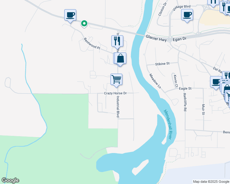 map of restaurants, bars, coffee shops, grocery stores, and more near 10020 Crazy Horse Drive in Juneau