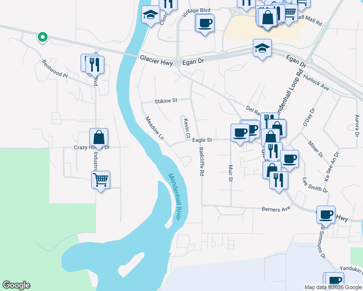 map of restaurants, bars, coffee shops, grocery stores, and more near 9571 Eagle Street in Juneau