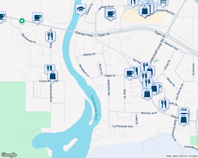 map of restaurants, bars, coffee shops, grocery stores, and more near 9571 Eagle Street in Juneau
