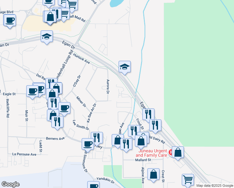 map of restaurants, bars, coffee shops, grocery stores, and more near 2375 Jordan Avenue in Juneau