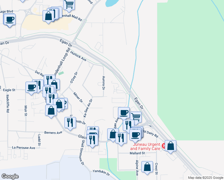 map of restaurants, bars, coffee shops, grocery stores, and more near 2375 Jordan Avenue in Juneau