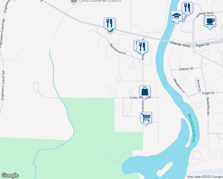 map of restaurants, bars, coffee shops, grocery stores, and more near 10020 Crazy Horse Drive in Juneau