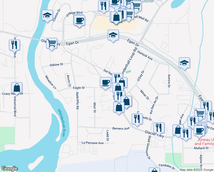 map of restaurants, bars, coffee shops, grocery stores, and more near Glacier Hwy & Dunn St in Juneau