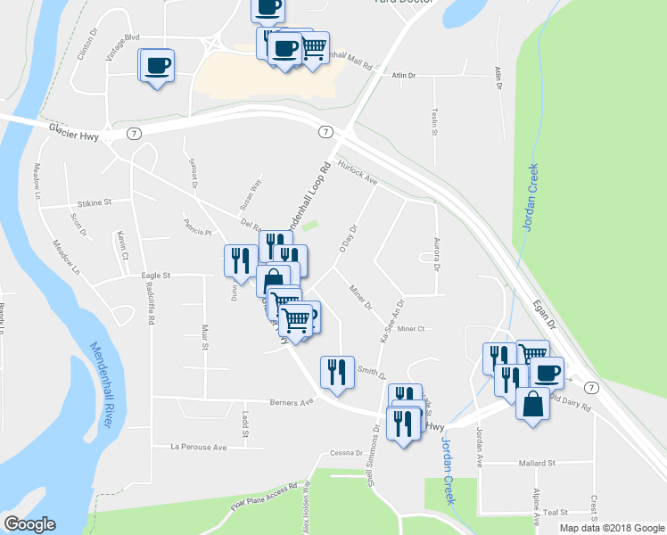 map of restaurants, bars, coffee shops, grocery stores, and more near 9361 Miner Drive in Juneau