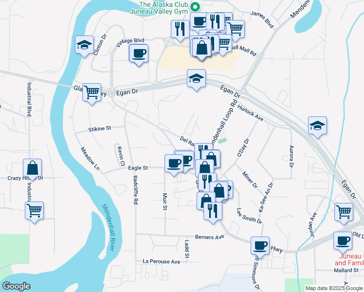 map of restaurants, bars, coffee shops, grocery stores, and more near 9406 Glacier Highway in Juneau