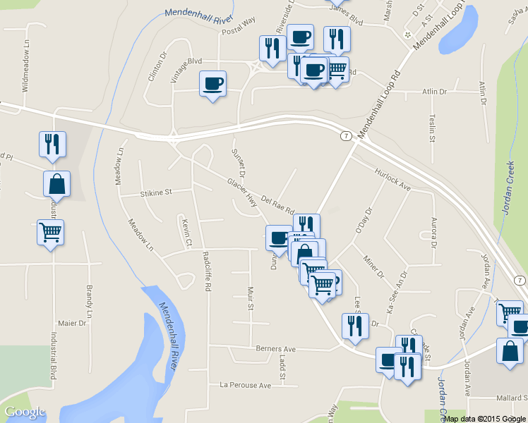 map of restaurants, bars, coffee shops, grocery stores, and more near 9406 Glacier Hwy in Juneau