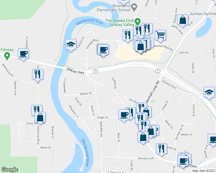 map of restaurants, bars, coffee shops, grocery stores, and more near 9500 Glacier Highway in Juneau