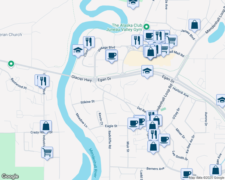 map of restaurants, bars, coffee shops, grocery stores, and more near 9500 Glacier Hwy in Juneau