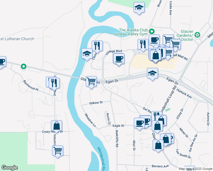 map of restaurants, bars, coffee shops, grocery stores, and more near 9558 Glacier Highway in Juneau
