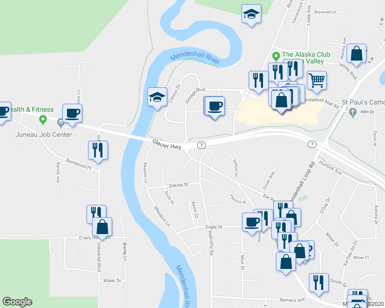 map of restaurants, bars, coffee shops, grocery stores, and more near 9554 Glacier Highway in Juneau