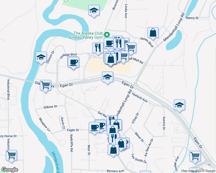 map of restaurants, bars, coffee shops, grocery stores, and more near in Juneau
