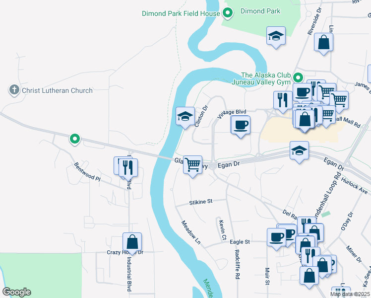 map of restaurants, bars, coffee shops, grocery stores, and more near 3000-3098 Clinton Drive in Juneau