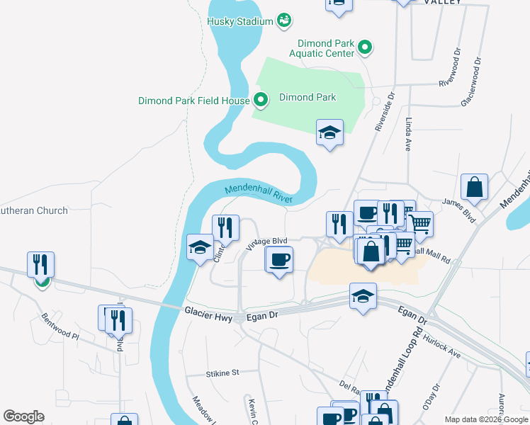 map of restaurants, bars, coffee shops, grocery stores, and more near 2797 Postal Way in Juneau