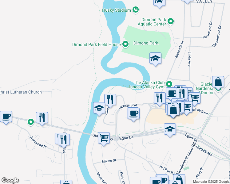 map of restaurants, bars, coffee shops, grocery stores, and more near 3041 Clinton Drive in Juneau