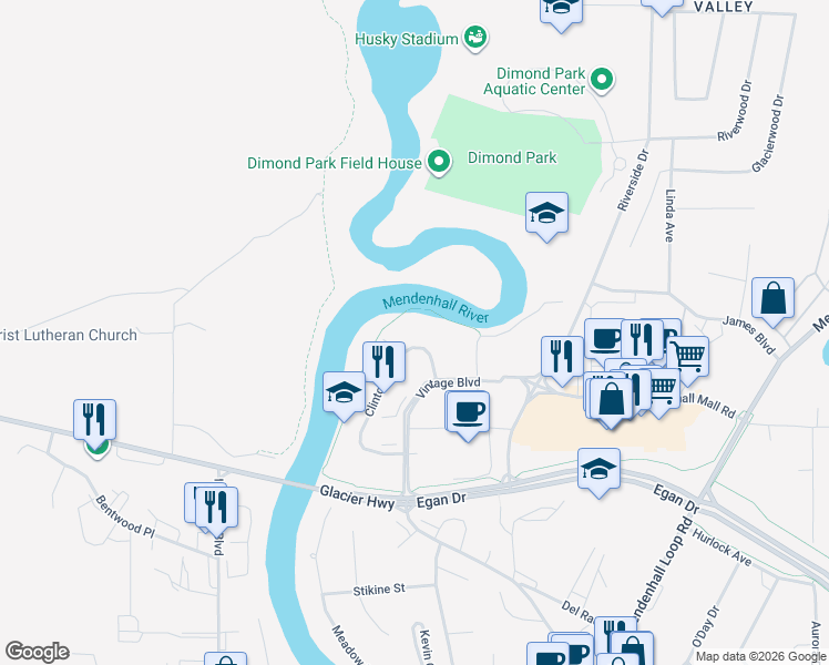 map of restaurants, bars, coffee shops, grocery stores, and more near 2797 Postal Way in Juneau
