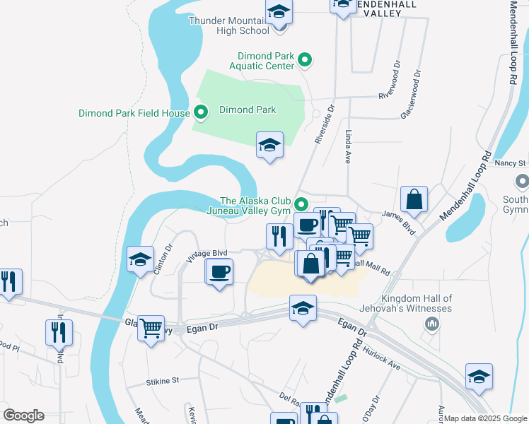 map of restaurants, bars, coffee shops, grocery stores, and more near 2800 Postal Way in Juneau