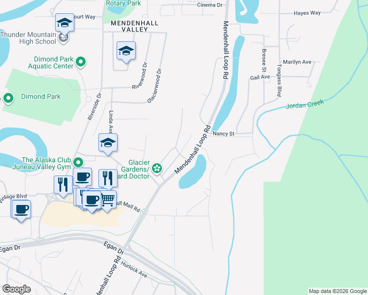 map of restaurants, bars, coffee shops, grocery stores, and more near B Street in Juneau
