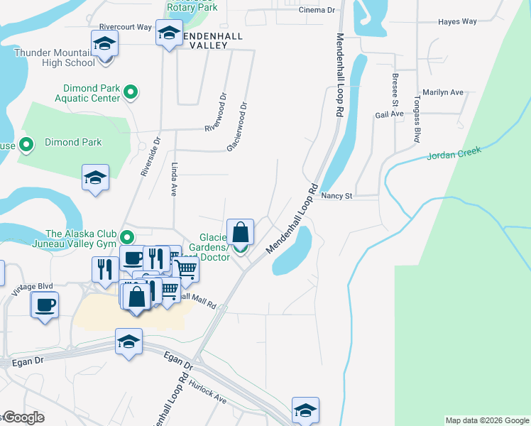map of restaurants, bars, coffee shops, grocery stores, and more near B Street in Juneau