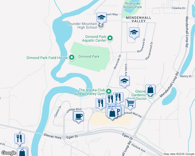 map of restaurants, bars, coffee shops, grocery stores, and more near 2901 Riverside Dr in Juneau