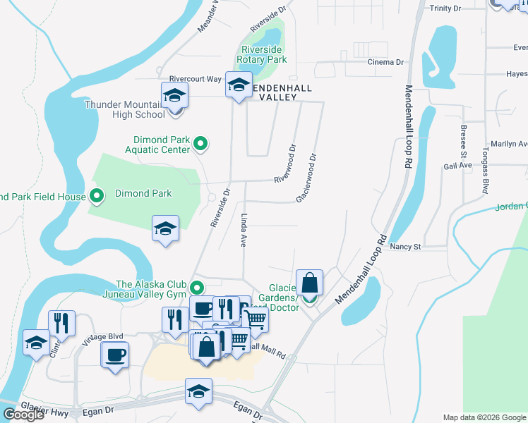 map of restaurants, bars, coffee shops, grocery stores, and more near 9175 Glacierwood Drive in Juneau