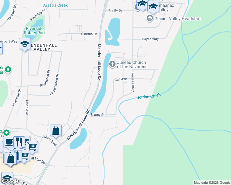 map of restaurants, bars, coffee shops, grocery stores, and more near 8820 Gail Avenue in Juneau