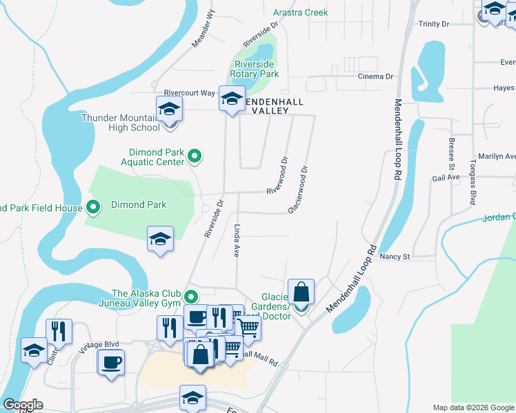 map of restaurants, bars, coffee shops, grocery stores, and more near 9175 Glacierwood Dr in Juneau