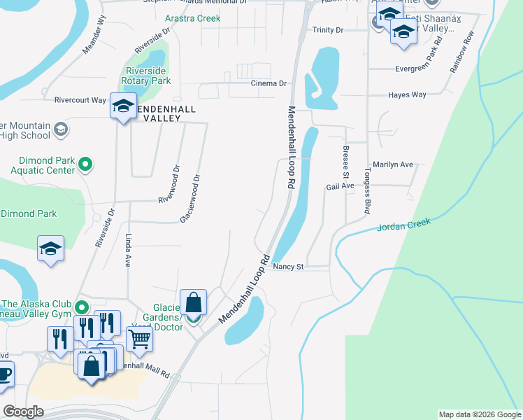 map of restaurants, bars, coffee shops, grocery stores, and more near 2895 Mendenhall Loop Road in Juneau