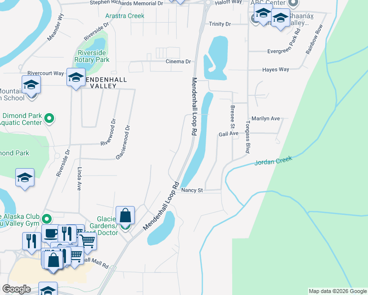 map of restaurants, bars, coffee shops, grocery stores, and more near 2895 Mendenhall Loop Road in Juneau