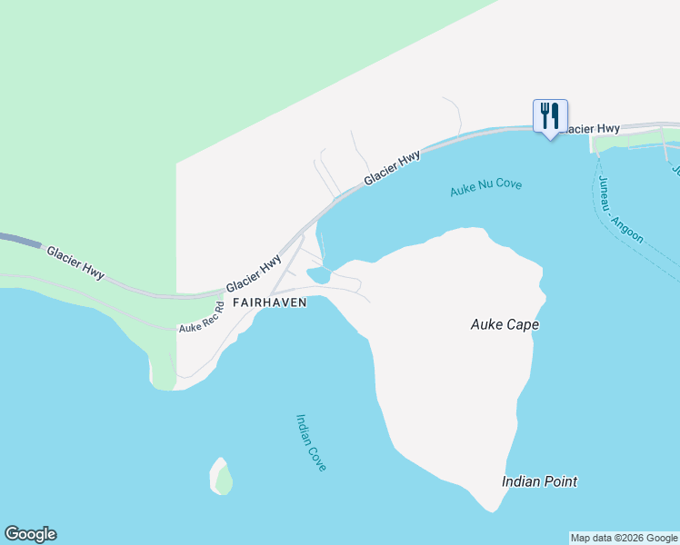 map of restaurants, bars, coffee shops, grocery stores, and more near 3100 Indian Cove Drive in Juneau