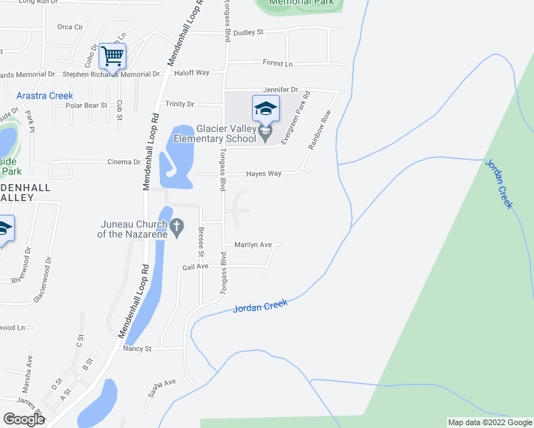 map of restaurants, bars, coffee shops, grocery stores, and more near 8610 Hayes Way in Juneau