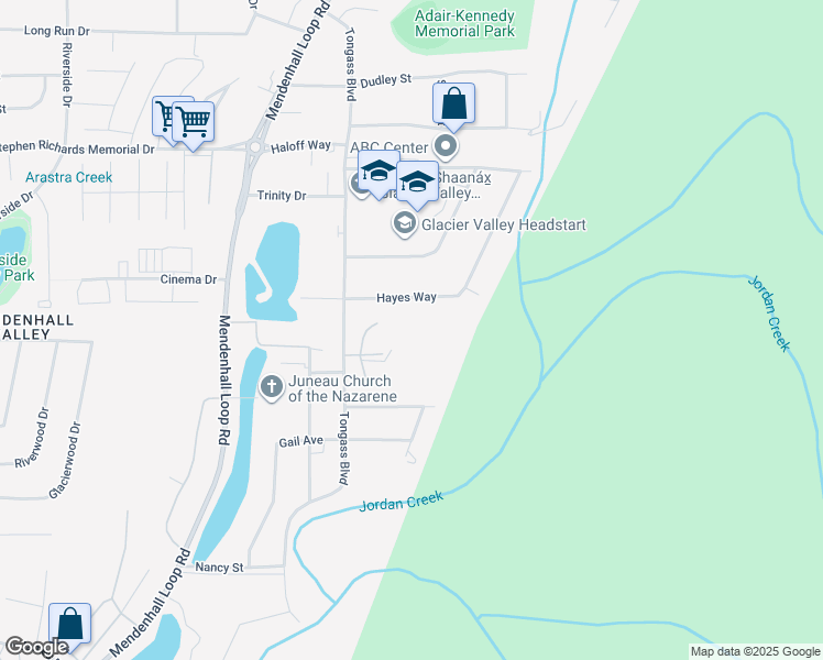 map of restaurants, bars, coffee shops, grocery stores, and more near 8610 Hayes Way in Juneau