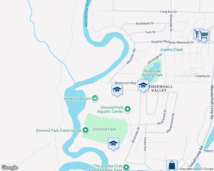 map of restaurants, bars, coffee shops, grocery stores, and more near 9386 Rivercourt Way in Juneau