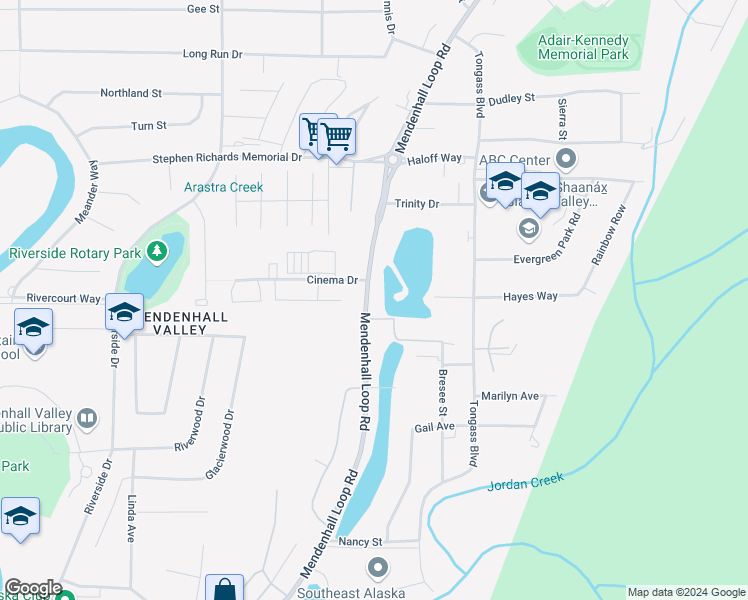 map of restaurants, bars, coffee shops, grocery stores, and more near 3300 Mendenhall Loop Road in Juneau