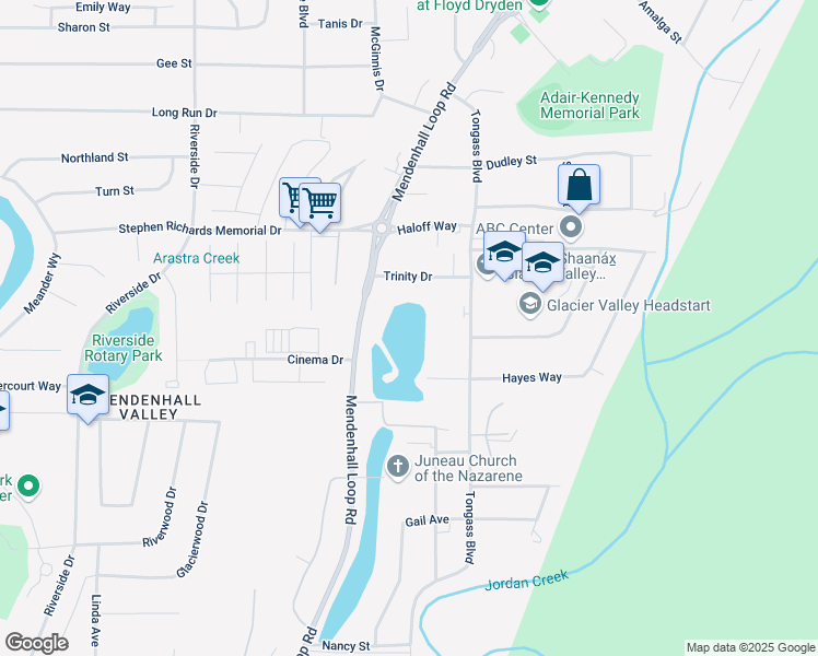 map of restaurants, bars, coffee shops, grocery stores, and more near 3300 Mendenhall Loop Rd in Juneau