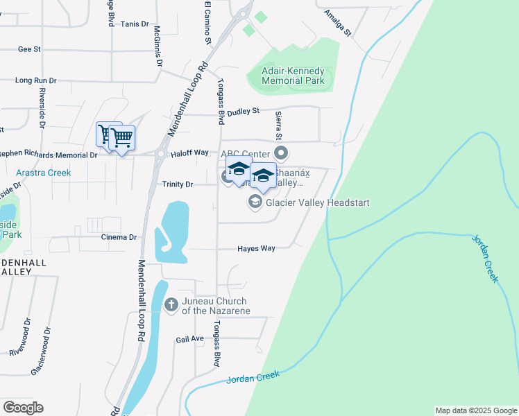 map of restaurants, bars, coffee shops, grocery stores, and more near Tongass National Forest Campground Road in Juneau