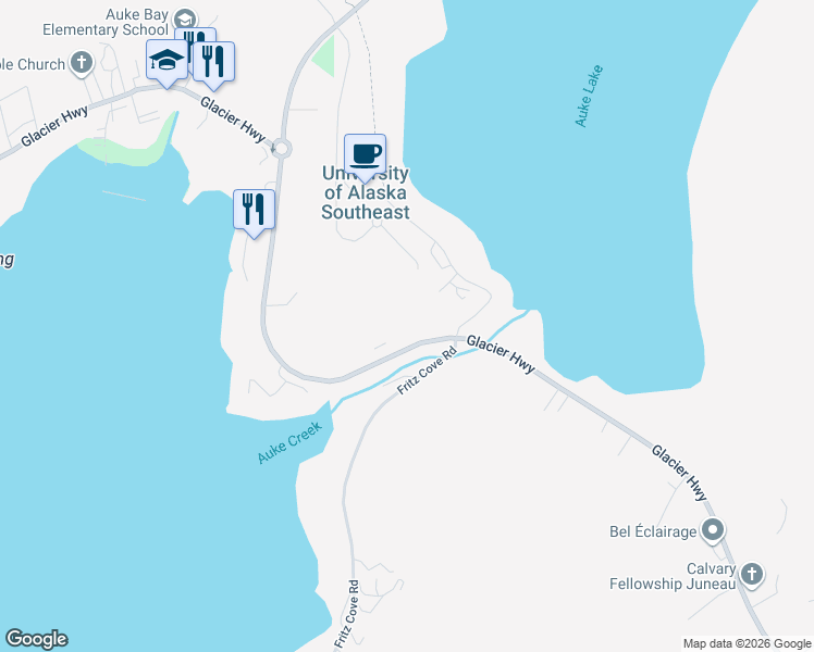 map of restaurants, bars, coffee shops, grocery stores, and more near 11066 Auke Lake Way in Juneau