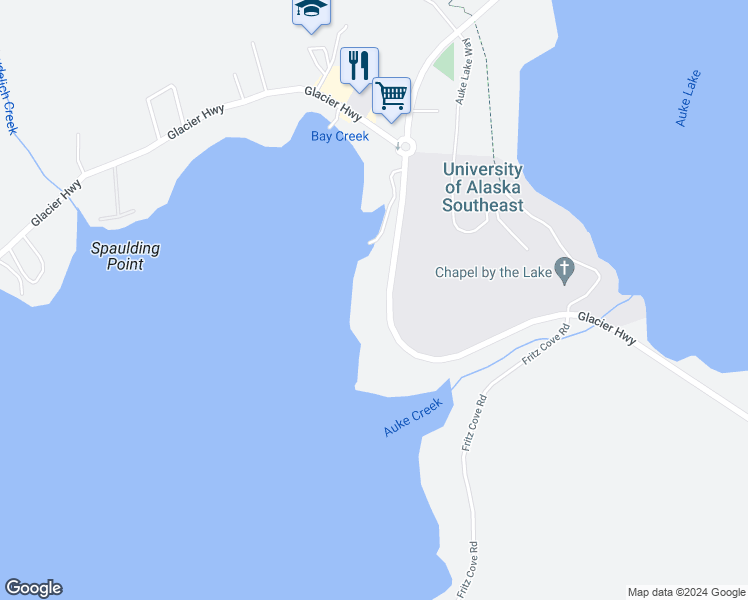 map of restaurants, bars, coffee shops, grocery stores, and more near 11415 Glacier Highway in Juneau