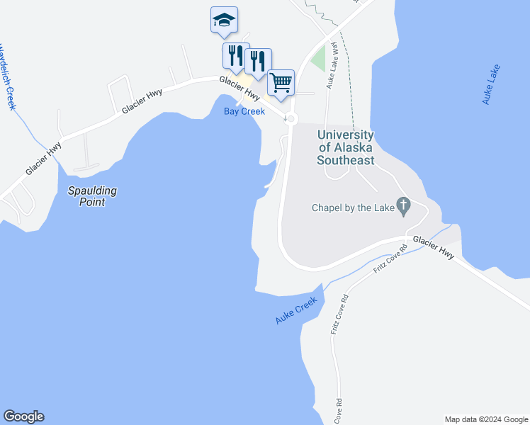 map of restaurants, bars, coffee shops, grocery stores, and more near 11445 Glacier Highway in Juneau