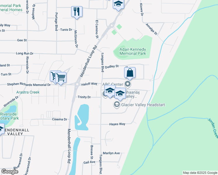 map of restaurants, bars, coffee shops, grocery stores, and more near 8512 Jennifer Drive in Juneau