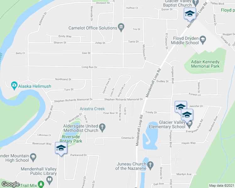 map of restaurants, bars, coffee shops, grocery stores, and more near 62 King Crab Lane in Juneau