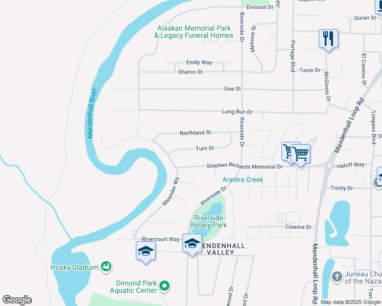 map of restaurants, bars, coffee shops, grocery stores, and more near 9348 Turn Street in Juneau