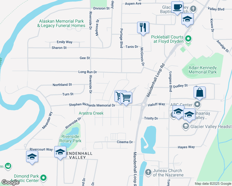 map of restaurants, bars, coffee shops, grocery stores, and more near 62 King Crab Lane in Juneau